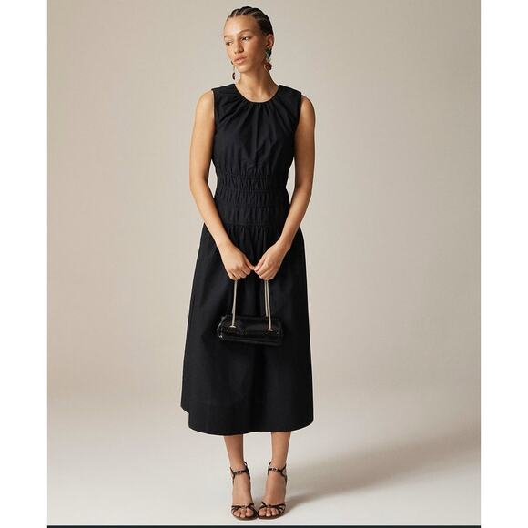 J.Crew Hyacinth Midi Dress WMNS PL Black A-Line Smocked Sleeveless Side Pockets - Picture 1 of 7